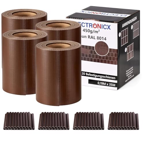 Electronicx PVC Sichtschutzstreifen für Gartenzaun - Braun (RAL 8014), 140m (4 x 35m) x 19cm, Hochwertige 450g/m² UV-beständige Sichtschutzmatten, Außenbereich Sichtschutz mit 80 Clips