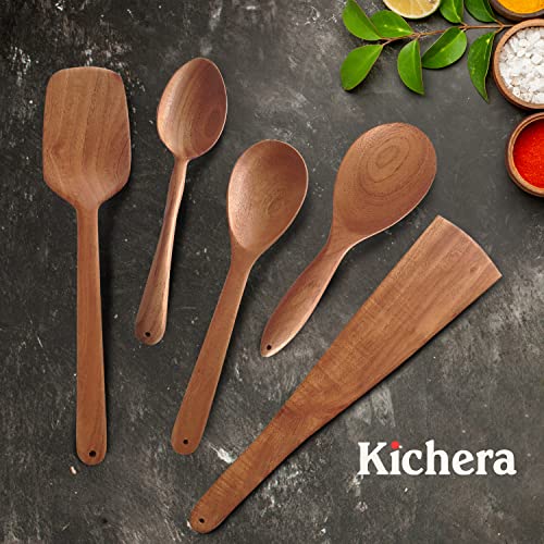 Image of Kichera Neem Wood Compact Ladle, Spatula, Flip Dosa /Roti /Chapati | Kitchen Tools | No Harmful Polish | Naturally Non-Stick | Handmade (Set of 5-1)
