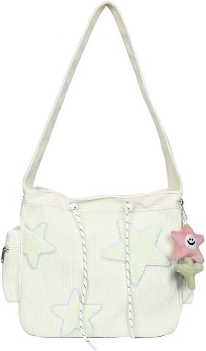 Corduroy Crossbody Bag for Women Y2k Aesthetic Star Patches Messenger Bag Cute Shoulder Tote Bag with Kawaii Pendant