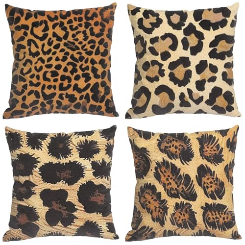 Fundas de Cojines 60X60 CM Juego de 4 Marrón Oscuro Fundas Cojines Exterior Estampado De Leopardo Cojin Impermeable Lino Decorativos Almofadas Para Sofaa para Balcón Exterior Terraza Decoración 1-K