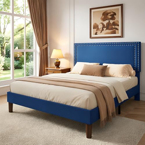 Image of VECELO Queen Size Platform Bed Frame with Height Adjustable Upholstered Headboard, Modern Mattress Foundation,Strong Wood Slat Support, No Box Spring Needed, Easy Assembly,Dark Blue