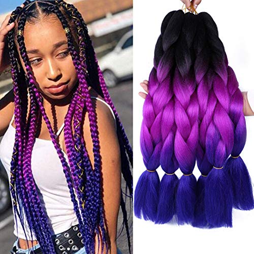 BELLQUEEN 6Packs Jumbo Braiding Hair Purple Ombre Braiding Hair 24 inches Blue Braiding Hair Kanekalon Braiding Hair Extensions For Jumbo Box Braids (Black Purple Blue 6Packs)