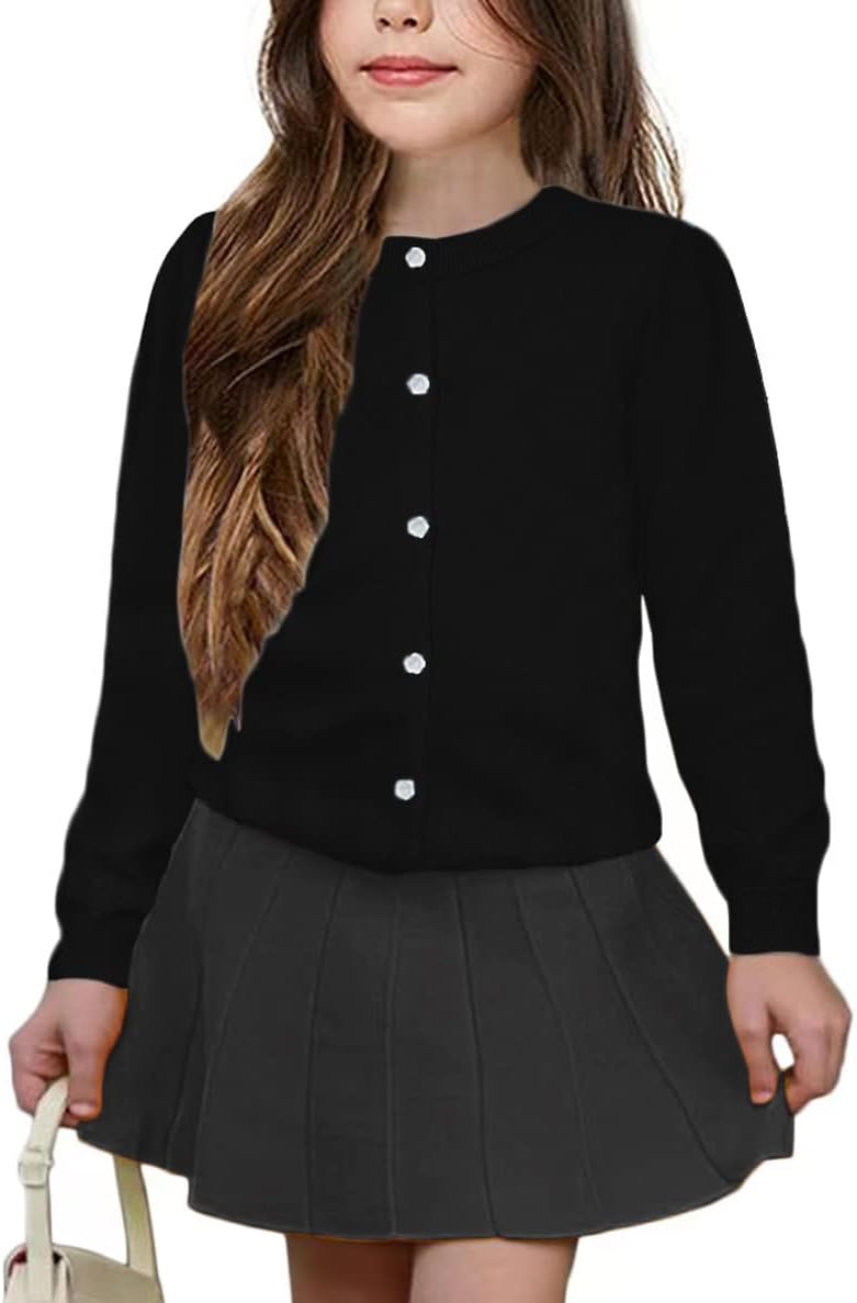 UELoop Girls' Cardigan Sweater [Cute Petal Buttons] Cotton Long Sleeve Crewneck Uniform Sweater for 5-14 Years Girls