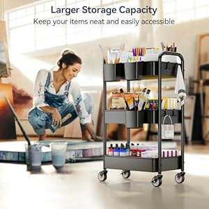 YASONIC 3 Tier Rolling Cart Metal Utility Cart with Wheels Hanging Cups Hooks Heavy Duty Mesh Rolling Storage Cart Organizer Craft Cart for Kitchen Office Lightweight and Sturdy