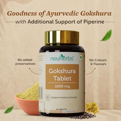 Image of Neuherbs Gokshura 1000mg Tablets for Men - 60 Count | Tribulus Terrestris Herbal Supplement for Energy, Strength & Vitality Support | Ayurvedic Wellness Formula | No Added Preservatives
