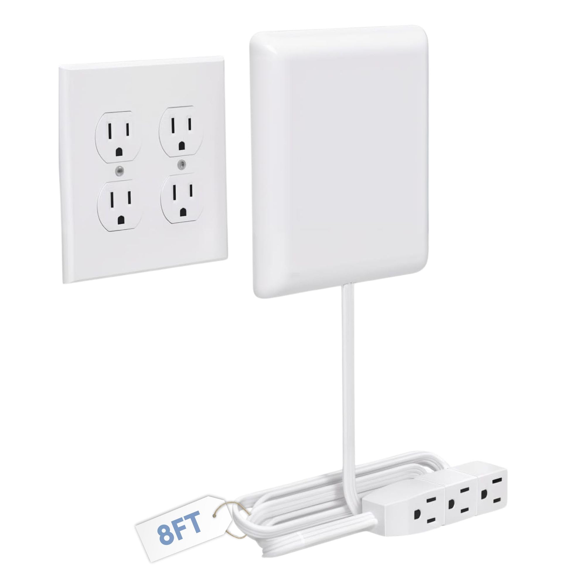 Sleek Socket Outlet & Plug Concealer for Wall Outlet with Cord Concealer Kit, 8-Foot Flat Extension Cord with Multi Outlets Power Strip, Ideal for Home Offices