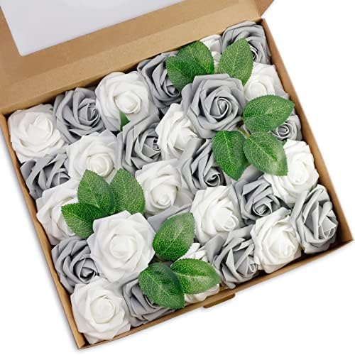 Apeso 30pcs Artificial Flowers Foam Roses, Artificial Flowers Bulk with Stem Fake Roses for Making Bouquets Wedding Party Valentine's Day Mother's Day Baby Shower Home Decoration-Silver Grey