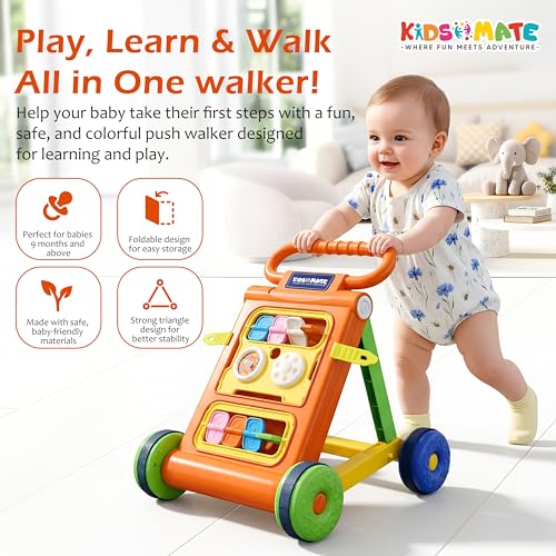 Image of Kidsmate Baby Activity Walker with Toy Bar | Foldable Push Walker for Babies 6-18 Months | Interactive Learning Walker with Shape & Spin Games | Supports Early Steps, Learning & Playtime Fun - Orange