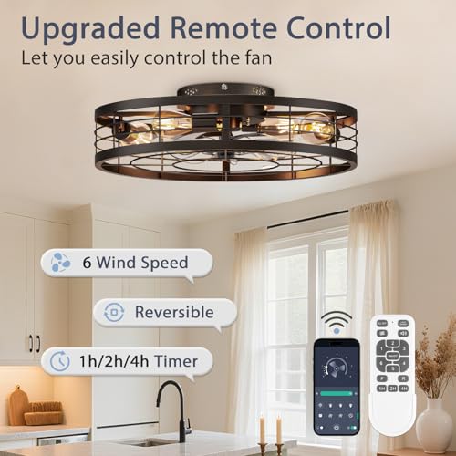 Image of VOLISUN Caged Ceiling Fan with Light and Remote,23.6 inch Fandelier Ceiling Fan with Light Flush Mount, Farmhouse Bladeless Ceiling Fans with Lights for Kitchen,Bedroom