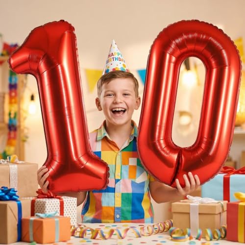 Image of Number 10 Balloon Foil Mylar Balloons for Birthday Party Decoration (Red, 40 Inch)