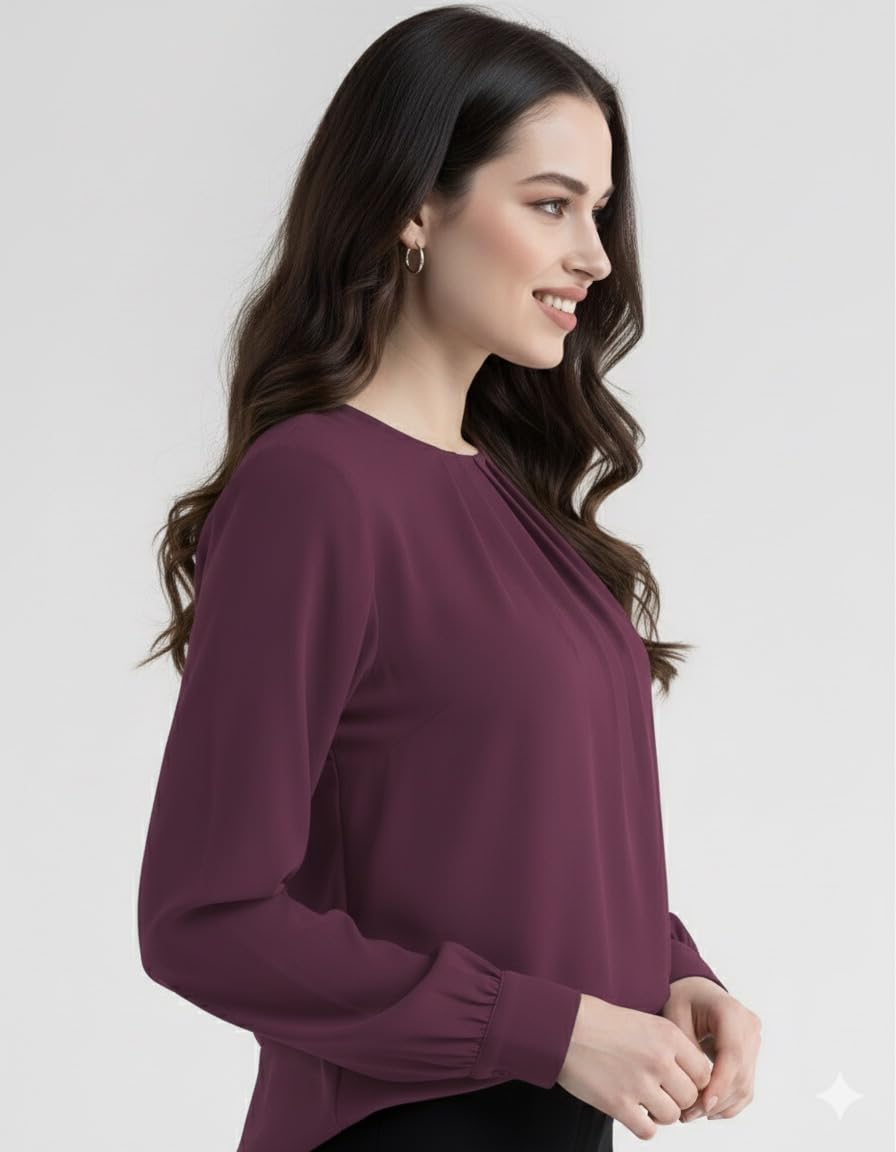 Mirana Women’s Elegant Purple Wine Cotton Blend Pleated Top | Full Sleeve Regular Fit Western Office Wear - Image 4 thumbnail
