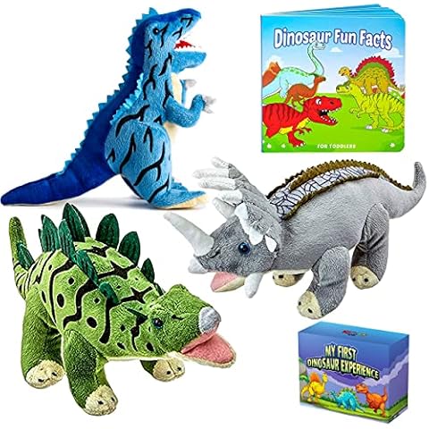 Dazmers Dino Stuffed Animals - 12 Inch Plush Toys with Board Book: Big Colorful Set for Toddlers Ages 1-3. Soft & Cuddly Dinosaur Gift - T-Rex, Triceratops, Stegosaurus. Learn & Play Cover
