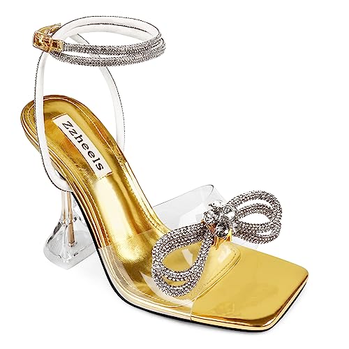 Image of Zzheels Double Bowknots Crystal Clear Heels Strappy Sandals | Clear Slingback Heels, Sparkly Rhinesotne Bow, Square Toe, Party, Dating