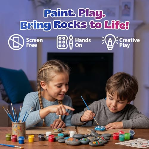 Pinwheel Crafts Rock Painting Kit for Kids Ages 6-12 –14 Rocks, 16 Acrylic Paints (Glow & Metallic), 2 Glitter Glues, Brushes, Stickers, Gems & Googly Eyes – Fun Kids Craft Kits for Boys & Girls