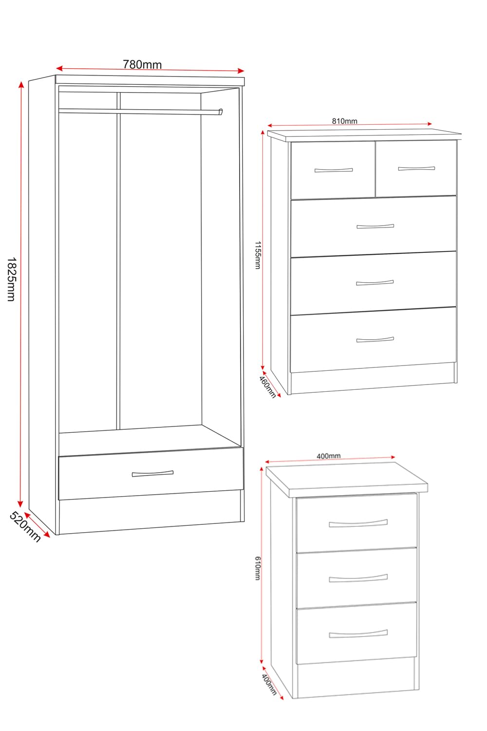 2 Door 1 Draw Gloss Wardrobe By Nevada