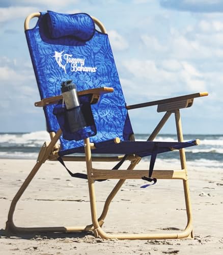 Tommy Bahama 4-Position HI-BOY Folding Beach Chair with Wooden Chair Handle (Hawaiian Blue)