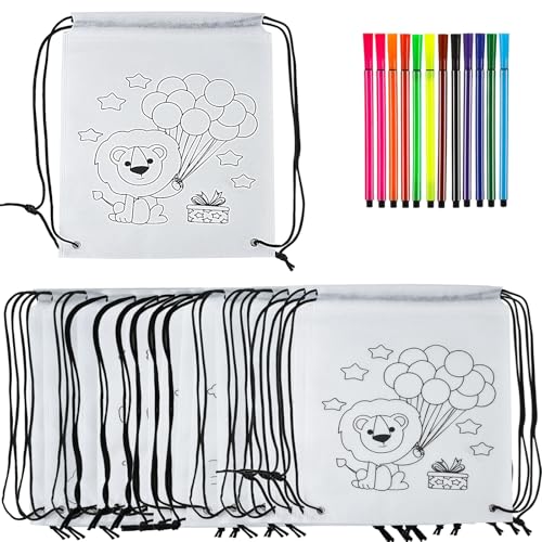qimeyu Bolsas para Colorear Niños,Mochila Niños Colorear,Mochilas para Pintar,15 Piezas Estuches para Pintarlos + 12 Lápiz Acuarelable para Regalos Cumpleaños Colegio Bolsas de Tela para Pintar