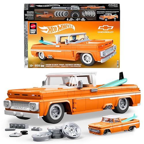 ​Mattel Brick Shop Hot Wheels Elite Serie Bauset, Custom ’62 Chevy Pickup mit 858 Teilen, realistischen Details und individuellen Aufklebern, für Sammler und Kinder ab 10 Jahren, JFT20