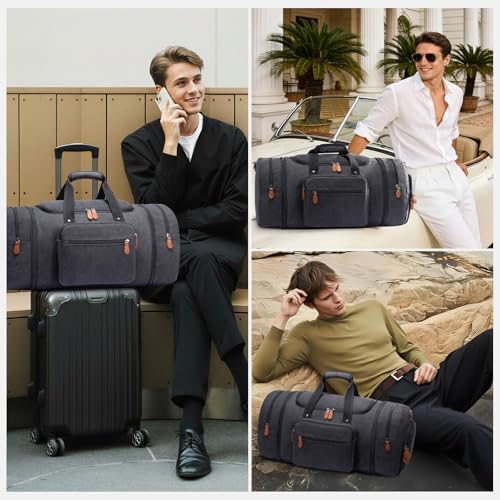 Image of Sucipi Canvas Travel Duffel Bag for Men, Weekend Overnight Bag with Shoe Compartment and Toiletry Bag, Carry-On for Airplanes, Dark Grey, Medium, No Wheel