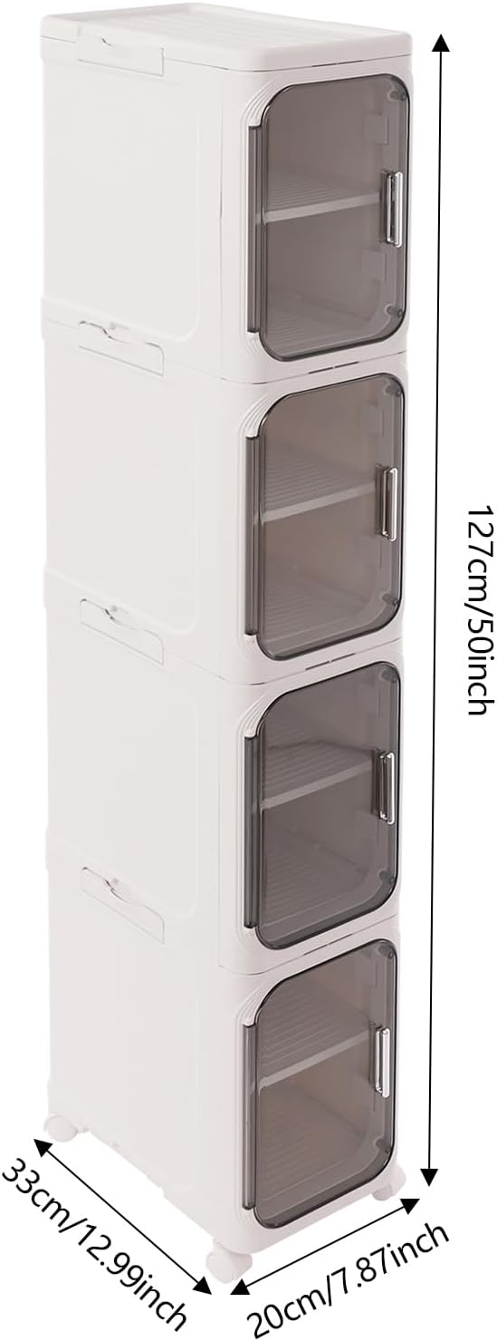 4-Tier Slim Rolling Storage Cart with Wheels & Doors, Adjustable Plastic Cabinets for Small Spaces, Ideal for Bathroom & Kitchen Organization (White)