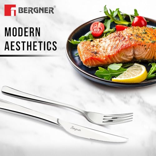 Image of BERGNER BE Essentials Lucia Stainless Steel Dinner Knife Set of 2, 20cm Long Butter Spreader, Modern Ergonomically Designed Premium Dinner Knife, Dinning Table 2 Pcs Knives, 4.5mm Thickness - Silver