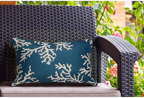 Liora Manne Marina Indoor/Outdoor Power Loomed Easy Care Pillow - Transitional Border Coastal Beach Accent (Coral Edge Navy) (12" x 18")