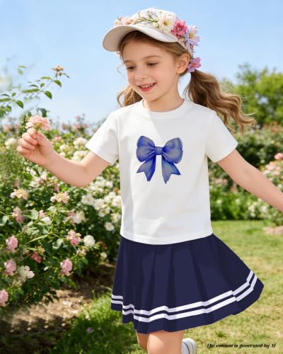 Image of Betusline Girls Skirt Set JK School Uniform 2-Piece Outfit - Short Sleeve & Webbing Solid Skirt,Bow Navy Blue,4-5T = Tag 120