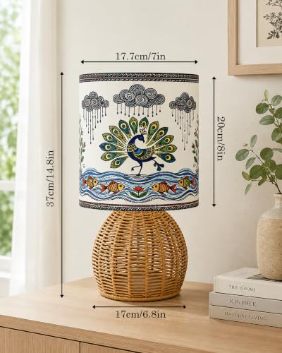 Image of Homesake Handwoven Rattan Table Lamp with Madhubani Art Printed Fabric Shade, Decorative Raffia Cane Bedside Lamp, Boho Table Lamp with E27 Holder & Bulb Included, Living Room, Bedroom & Home Decor