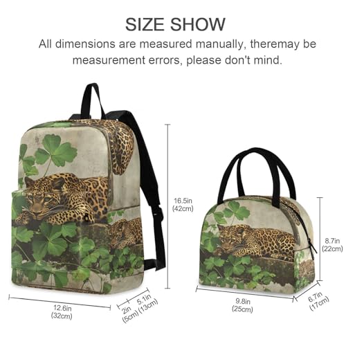 Backpack Lunch Box Set Large Capacity Travel Backpacks and Insulated Lunch Bag for Commute Hiking Picnic Lucy Leaf Leopard Print2
