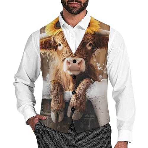 Cute Highland Cow Bath Suit Vest for Men Slim Fit Sleeveless Jacket V Neck Business Waistcoat Button Up Dressy Top