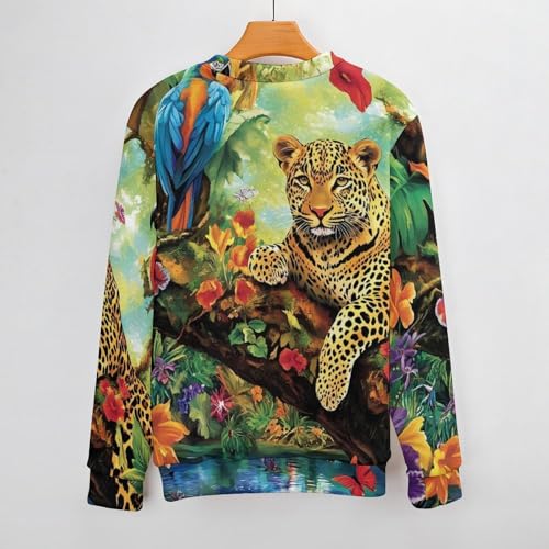 Tropical Forests Parrots and Leopard Men's Crew Neck Sweater Knit Pullover Women Casual Long Sleeve Crewneck Loose Fit Top3