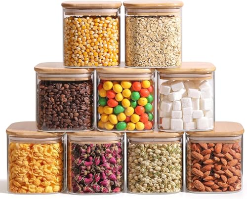 ComSaf 0.7 Qt Glass Food Storage Jars Set of 9, Clear Glass Storage Containers with Lids, Pantry Organization Jar, Spice, Blooming Tea, Oat, Coffee and Sugar Container, Small Canister Set for Kitchen
