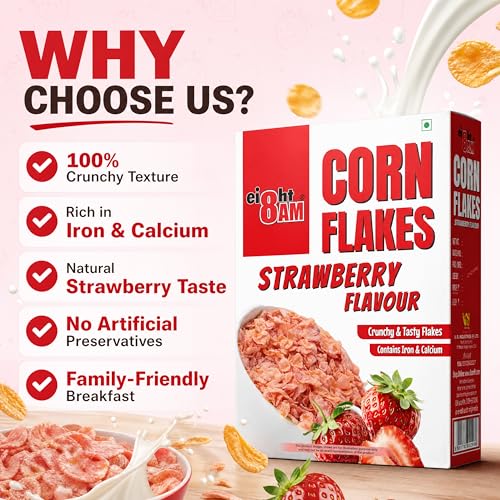 Image of 8:00 AM Corn Flakes Strawberry 300 Gram (Pack Of 3), Golden Corns & Strawberry, No Cholesterol, Trans Fat, Artificial Additives, Iron & Calcium, Crunchy & Nutritious Breakfast Cereal