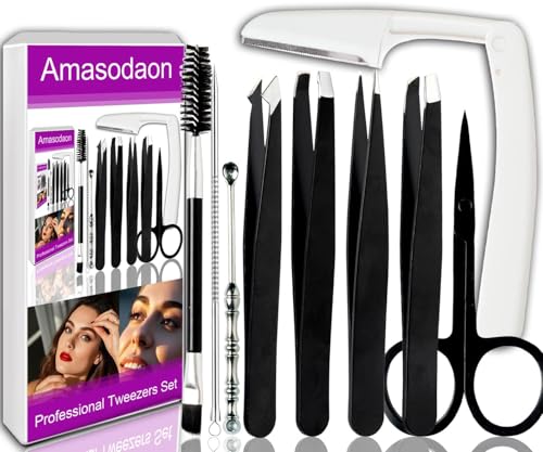 Amasodaon Tweezers Set [9+1 PCS] - Professional Stainless Steel Tweezers for Eyebrows – High-Precision Beauty Tools for Eyebrows, Facial Hair, Splinter & Ingrown Hair Removal