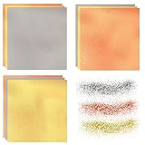 【Tres Colores】El pan de oro maquillaje facial contiene tres colores, oro de 24 quilates, plata y oro rosa, 50 hojas de cada color, 150 hojas en total, suficiente para sus necesidades diarias de bricolaje.