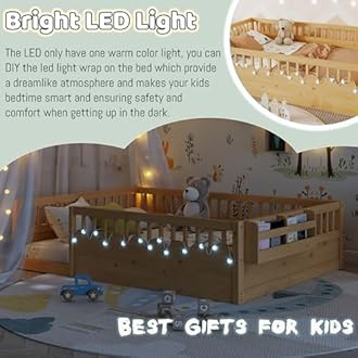 Montessori Floor Bed with High Rails,Full Size Floor Bed Frame for Kids, LED Lights & Storage Shelf, Safe & Wider Opening Gate Design, Playground & Sleep Space for Girls Boys,Natural