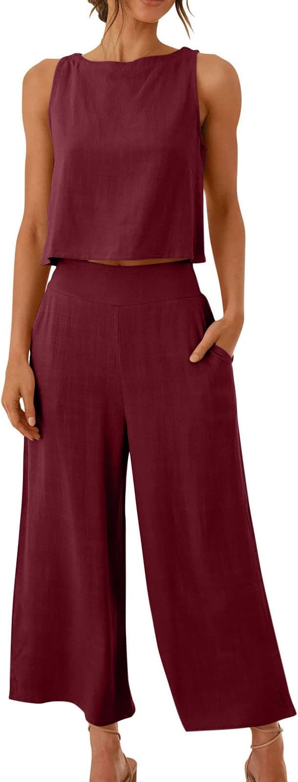 SlxbearWomens Tracksuits Solid Color Womens 2 Piece Outfit Round Neck Solid Sleeveless Tops Wide Leg Trousers Womens Lounge Suits Baggy Capri Pants Women's Sweatsuit Outfits Summer Plus Size Leisure Suits