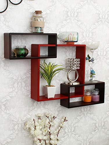 Image of Home Sparkle Wood Mozaic Shelf (69cm x 10cm x 41cm, Brown & Red)