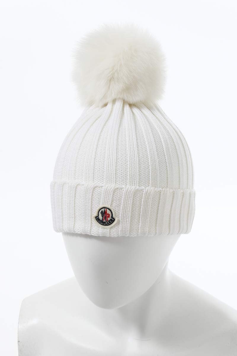 MONCLER ホワイト キッズ・レディースニット帽 ファー付き MONCLER