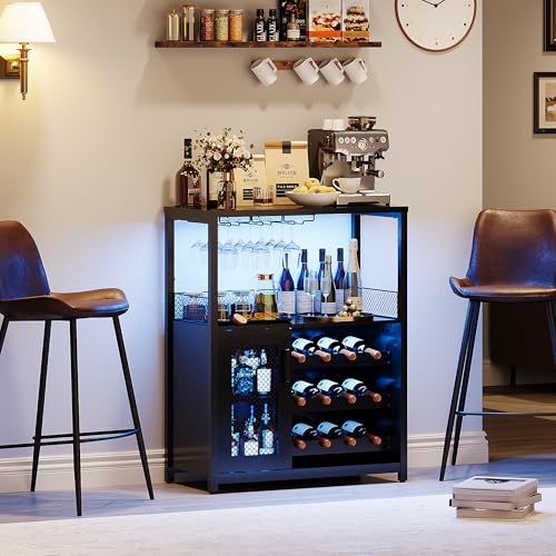 GarveeHome 3-Tier Wine Bar Cabinet with LED Lights & Wine Rack, Liquor Cabinet with Storage, Coffee Bar Cabinet with Glass Holder & Mesh Door, Sideboard Buffet Bar for Living Room, Dining Room, Black