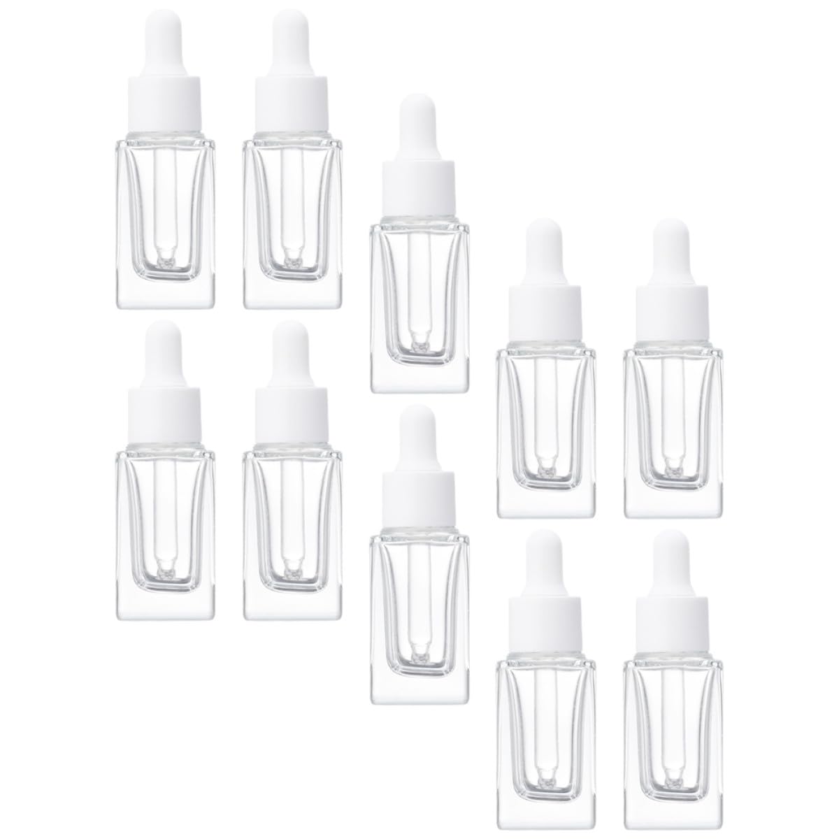 Flaconi Contagocce per Oli Essenziali 15ml in Vetro Trasparente Quadrato, Set da 10 Pezzi Contagocce in Vetro e Anello Plastico Bianco, Ricaricabili e Portatili per