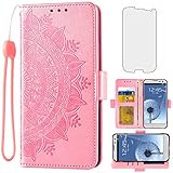 Asuwish Compatible with Samsung Galaxy S3 Wallet Case and Tempered Glass Screen Protector Card Holder Flip Wrist Strap Cell Phone Cover for Gaxaly SIII Neo Galaxies S III 3 3S GS3 I9300 Men Rose Gold