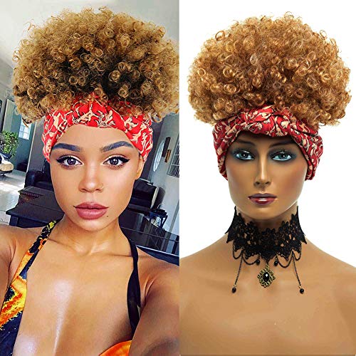 2020 New Afro Puff Headwrap Drawstring Ponytail Kinky Curly Pony Tail Synthetic Bun Wrap-wig 2 in 1 Updo Head-Wrap Hairpieces with Turban for Women (T4/630)