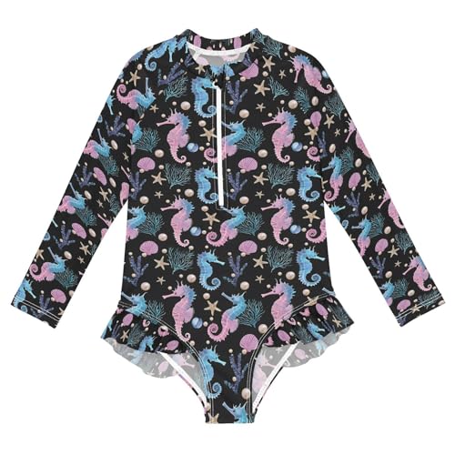 ALAZA Pearl Shell Seahorse Starfish Black Girls One Piece Swimsuit Long Sleeve Rash Guard Swimsuits UV 50+ Swimwear Zipper