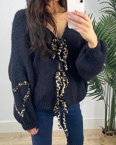 Image of Women's Tie Knot Leopard Heart Print Knit Cardigan Oversized V Neck Open Front Bandage Sweater Trendy Fall Knit Outwear
