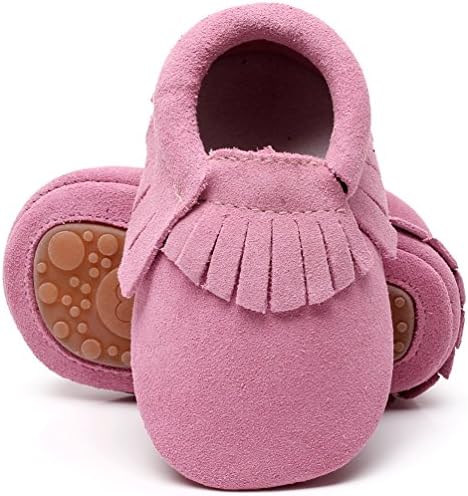 HONGTEYA Leather Baby Moccasins Hard Soled Tassel Crib Toddler Shoes For Boys and Girls (6-12 months/4.72inch, suede pink)