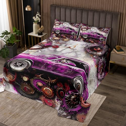 Homewish Sports Car Bedspread for Kids Boys,Racing Theme Purple Race Car Print Coverlet Set Bedroom Decor Soft Quilted,Retro Brown Gear Graffiti Quilt Set with 1 Pillow Sham, Twin Size