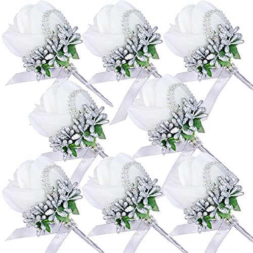 Miayon 8pcs Rose Boutonnieres for Men Wedding, Groom Flowers Buttonholes for Best Men Groomsmen Wedding Prom Party (White, Silver Gray)