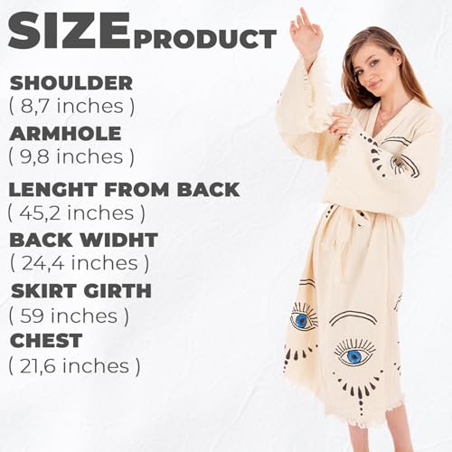Evil Eye Kimono, Women Cotton Robe, Boho Cardigan, Beach Cover up, Lightweight, Towel Muslin Breathable, Fabric Belted Dressing Caftan For Spa Pool Bath Gym2