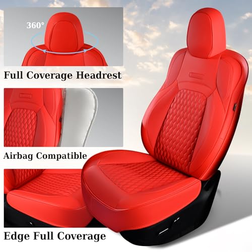 Coverado Car Seat Covers for Tesla Model Y, Car Seat Covers Full Set 5 Seater, Leatherette Car Seat Covers Front Seats and Back Custom for Tesla Model Y 2020 2021 2022 2023 2024 2025 Red - Image 3